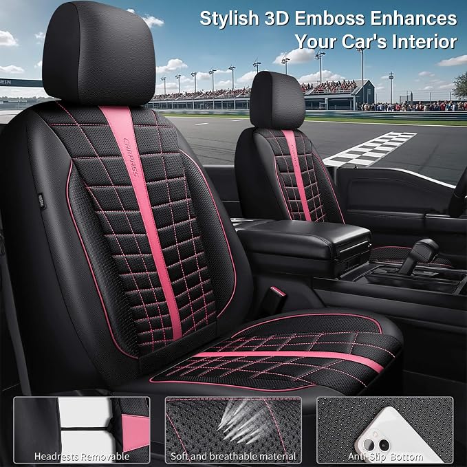 CAR PASS 3D Foam Mesh Leather Car Seat Covers Full Set, Breathable Premium Leather Seat Covers for Car,Anti Slip Universal Fit for Trucks Cars Sedans Vans SUVs, Airbag Compatible, Black Pink