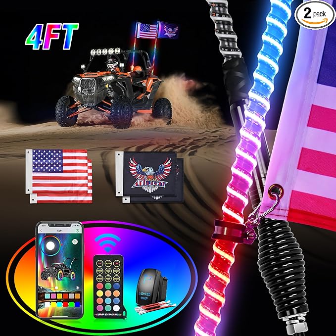 Nilight LED Whip Light 2 PCS 4FT COB RGB Lighted Antenna Whips with Spring Base Remote & App Control DIY Patterns Turn Brake Reverse Lights for Can-am Offroad ATV UTV RZR Polaris Dune Buggy Truck