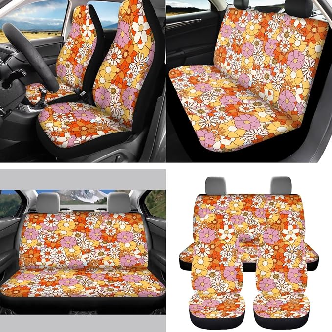 Hippie Flower Car Seat Covers Front Back Seat Cover Full Set with Car Steering Wheel Cover Safe Belt Pads Coasters Garbage Can Rear View Mirror Cover Keychain, 15 PCS
