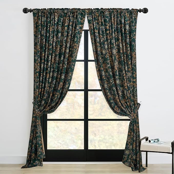 StangH Green Velvet Curtains with Print Floral, Back Tab Luxury Window Panels 90 inches Long Thermal Insulated Room Darkening Drapes for Sliding Door, W52 x L90, 2 Panels