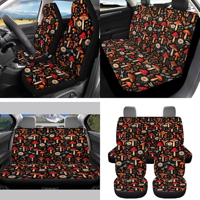 Red Mushroom 15Pcs Car Seat Cover Full Set Car Steering Wheel Cover Seat Belt Cover Trash Bin Front Rear View Mirror Car Cup Holder Keychain