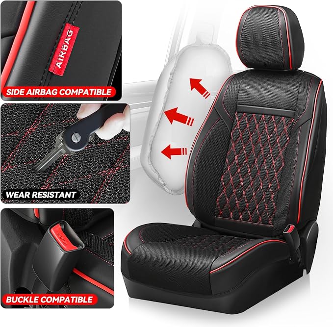 Auto Dynasty Car Seat Covers Full Set, Anti-Slip Automotive Interior Covers with Storage Pocket, Breathable Car Seat Protectors, Airbag Compatible, Fit Most Vehicles, Diamond Stitch Mesh Black