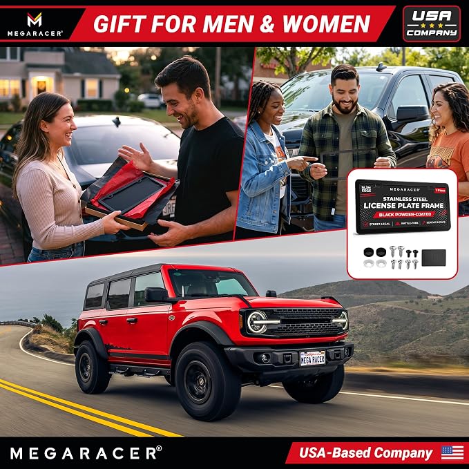 Powder-Coated Matte Black Thin License Plate Frame – 1 Piece, Car Wash Proof Stainless Steel, Rust-Free, Rattle-Free, Street Legal, Slim 2 Hole with Screw Caps, Gloss Metal Front or Rear Tag Holders