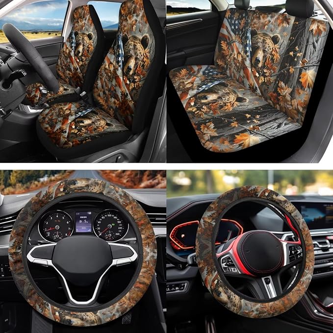 Camouflage Bear 12 Pack Car Seat Covers Full Set with Steering Wheel Cover Arm Rest Cover Car Cup Coasters Auto Seat Belt Cover Easy to Install Universal Fit for Vehicles,Cars,Suvs