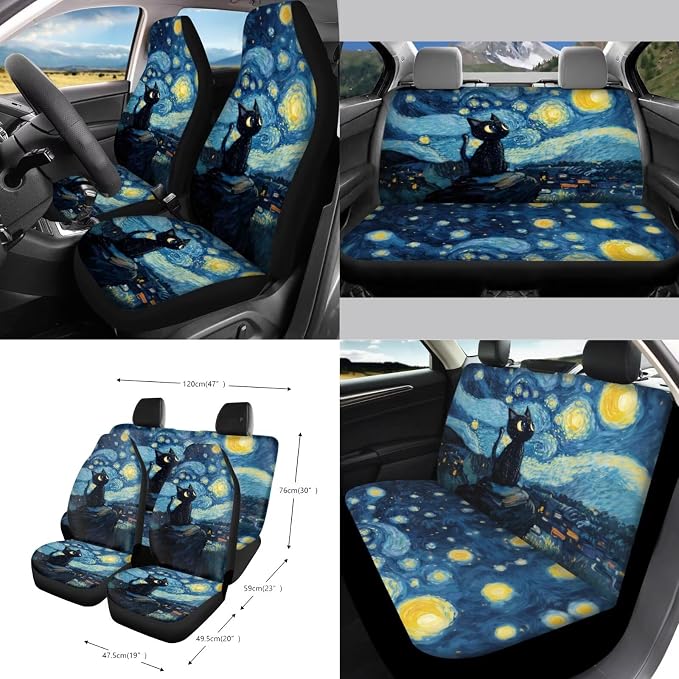 Starry Cat Print 15Pcs Car Interior Cover Set Includes Car Front Rear Seat Covers Steering Wheel Cover Seatbelt Pads Inside Rearview Mirror Protector Garbage Bag Cup Coasters