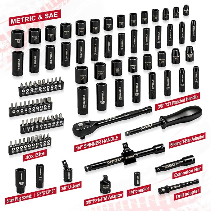 DIYSELF 3/8" Drive Socket Set, 95-Piece Impact Socket Set, SAE & Metric, Cr-V Steel 6-Point Deep & Shallow Sockets, Adapters, Ratchet Handle, Bits, Spark Plug Socket, Socket Wrench Set for Mechanic