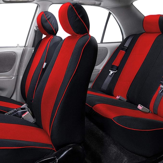 FH Group Car Seat Covers Three Row 8 Seater Cloth Car Seat Covers with Piping (Airbag and Split Ready) - Universal Fit for Cars Trucks & SUVs Red/Black