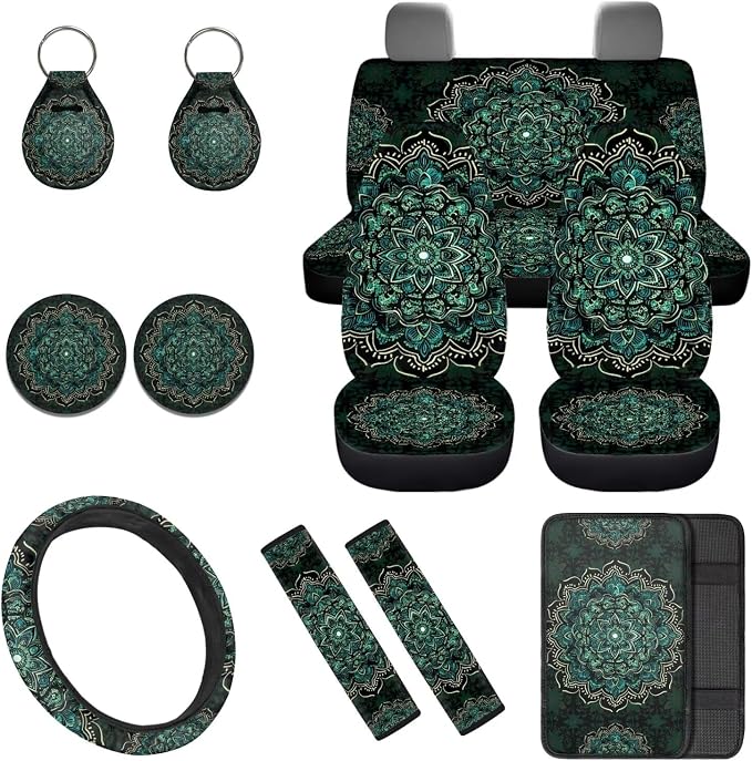 Green Mandala 12 Pack Car Seat Covers Full Set Steering Wheel Cover Seat Belt Cover Keychain Holder Armrest Cushion Protector Universal Fit Most Vehicles Cars SUV