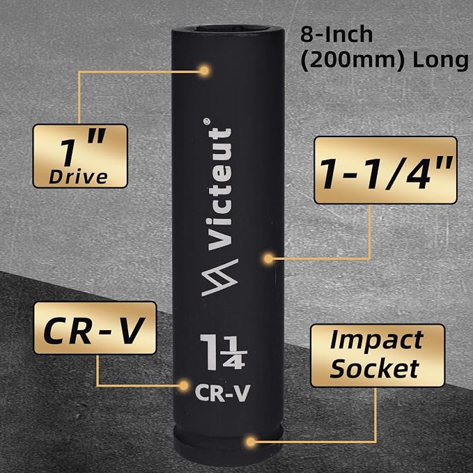 1'' Drive 1-1/4'' Extra Deep Impact Socket, 8-Inch (200mm) Long, 6-Point Truck & Trailer & Tractor Wheel Nut Socket, Heat Treated Cr-V Alloy Steel, One-Piece Forged, No Torque Loss