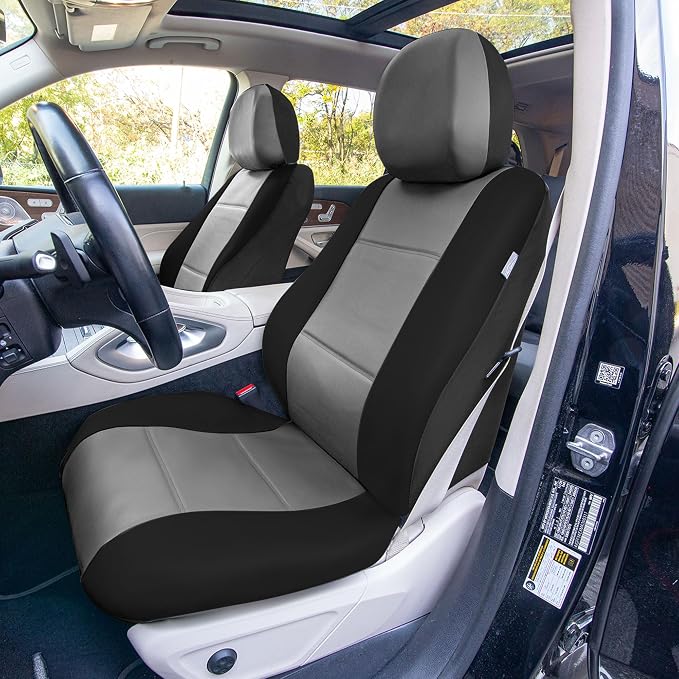 FH Group Car Seat Cover Airbag Compatible Full Set Gray Black Premium PU Leather - Split Bench Combo Vinyl Floor Mats Seat Covers Interior Accessories Universal Fit for Cars Trucks SUV