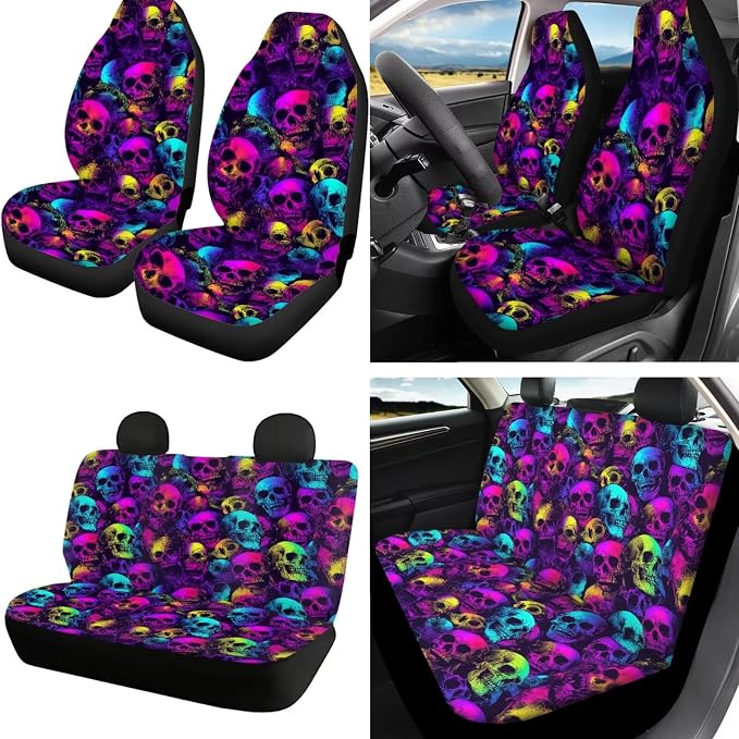 Skull Print Car Seat Cover for Front and Back Seats with Headrest Covers Steering Wheel Cover Safety Belt Pads Armrest Cushion Gear Shift Lever and Handbrake Covers Keychain