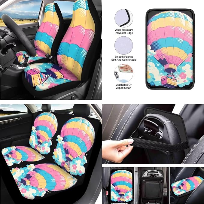 Rainbow 13 Pcs Car Seat Covers, Hot Air Balloon Universal Driver Seat Cover Protector Armrest Pad, Vacation Flying Balloons Steering Wheel Armrest Cover Seatbelt Cup Mats