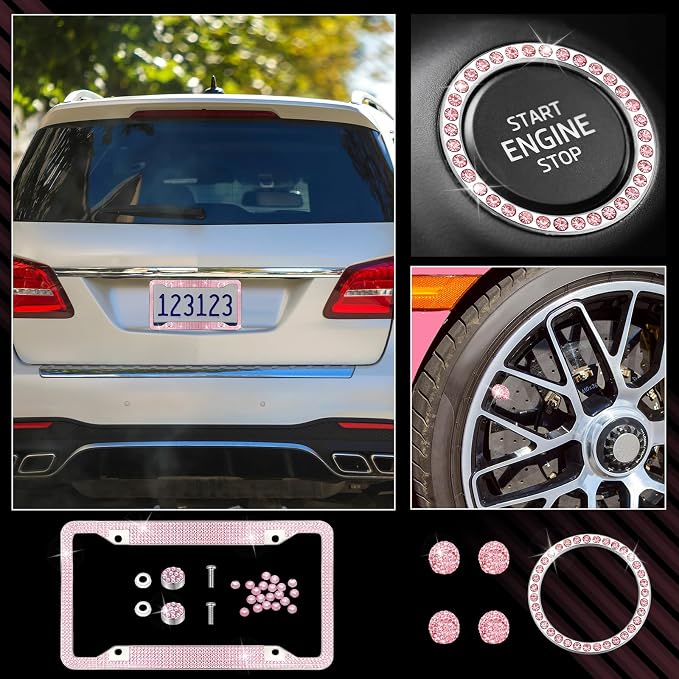 38 Pcs Pink Car Accessories Set for Women Bow Car Accessories Pink Seat Belt Cover Bow Hook Coaster Bling License Plate Decoration