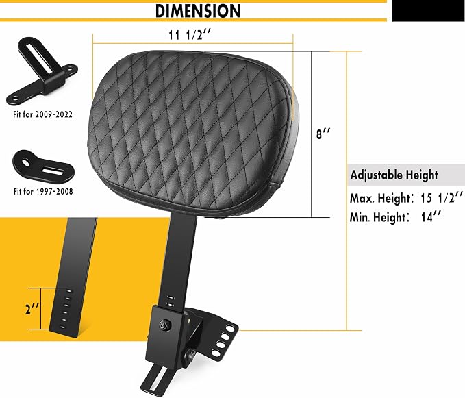 Adjustable Plug-in Driver Rider Backrest Custom Kit for Harley 1997-2026 Made Fit for Touring Models Electra Glides Road Glide Road King Street Glide (Gloss Black Stitching Pad)