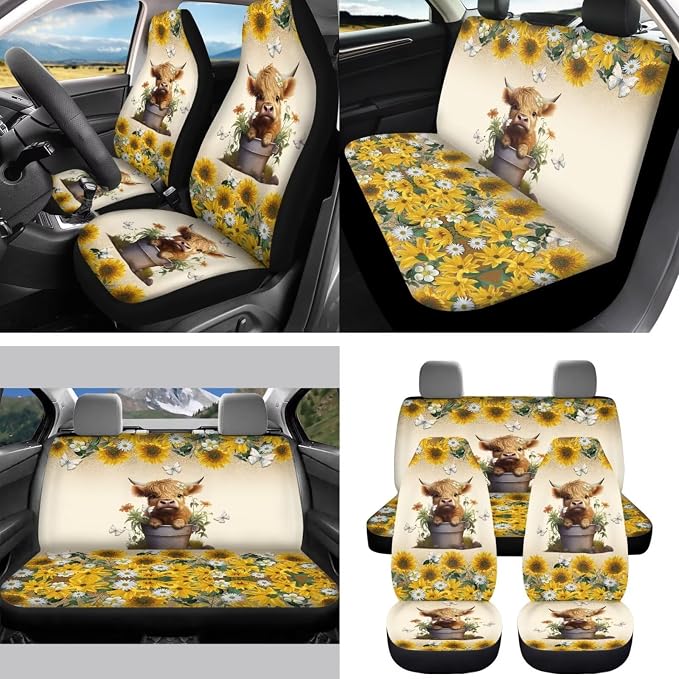 Sunflower Highland Cow Car Seat Covers Full Set for Women Cute Car Accessories Interior Car Steering Wheel Cover Seatbelt Covers Trash Bin Rear View Mirror Cover Cup Holders Keychain