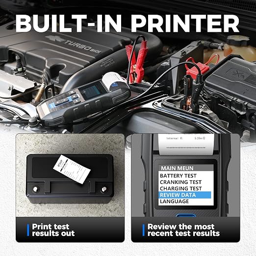 Car Battery Tester 12V 24V 100-2000CCA Lead-Acid Battery, TOPDON BT300P Alternator Tester, Load Tester, with Built-in Printer, Spark Free Metal Clamps, 10 Rolls Cash Register Thermal Paper