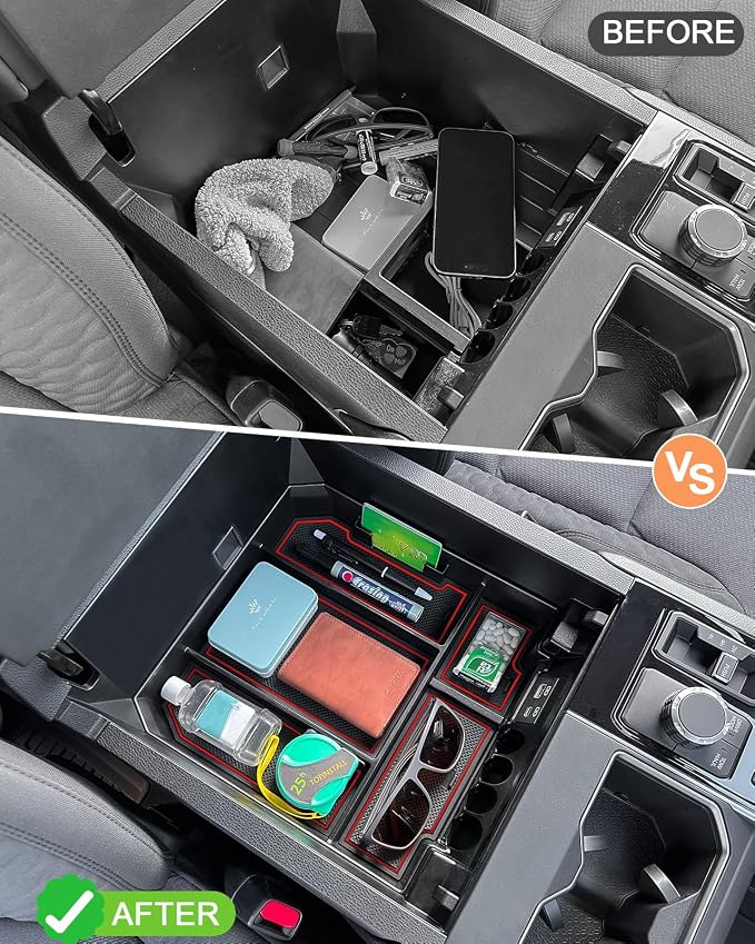 TOPINSTALL Red Center Console Tray and Rubber Liners Compatible with 2022 2023 2024 Tundra Accessories, Anti-Dust Dress Up The Interior