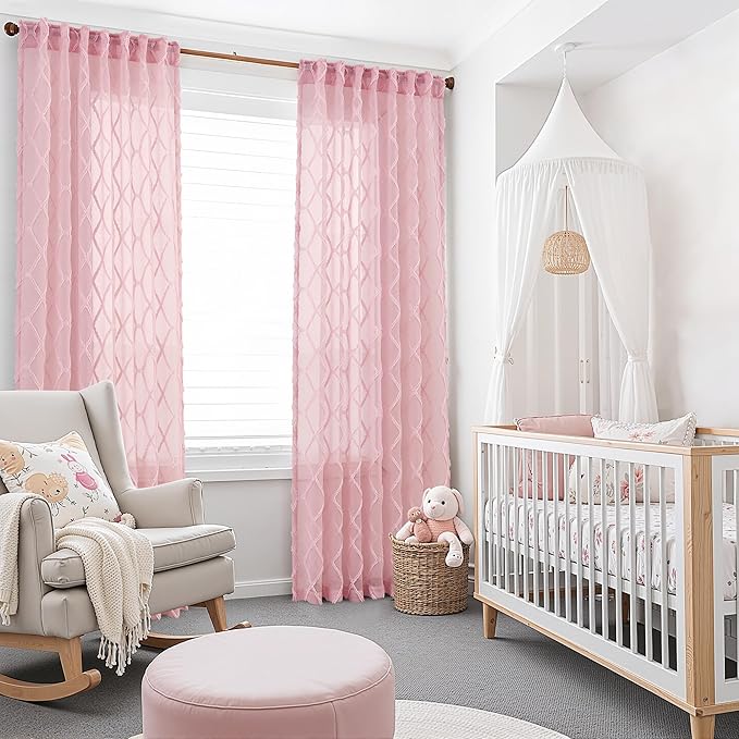 Pink Sheer Curtains 72 Inches Long for Baby Girls Bedroom 2 Panels Light Filtering Semi-Sheer Curtain for Nursery Kids Bedroom Back Tab Rod Pocket Geometric Pattern Pom Pom Short Window Drapes 52x72