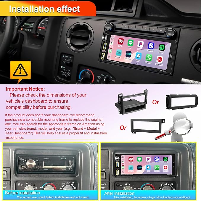 Single Din Car Stereo with Wireless Apple CarPlay & Android Auto, Designed for Older Vehicles, Bluetooth Hands-Free, FM Radio, Backup Camera Support