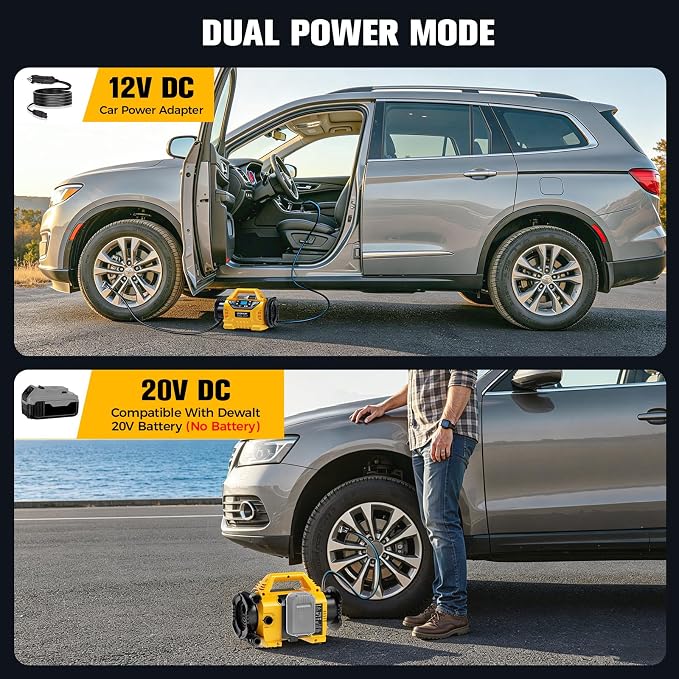 LIVOWALNY 3X Faster Cordless Tire Inflator Air Compressor Pump Compatible with Dewalt 20V Battery, 160PSI 12V DC/20V DC with Pressure Gauge & Deflator for Car, Pickup, Air Mattresses (Tool Only)