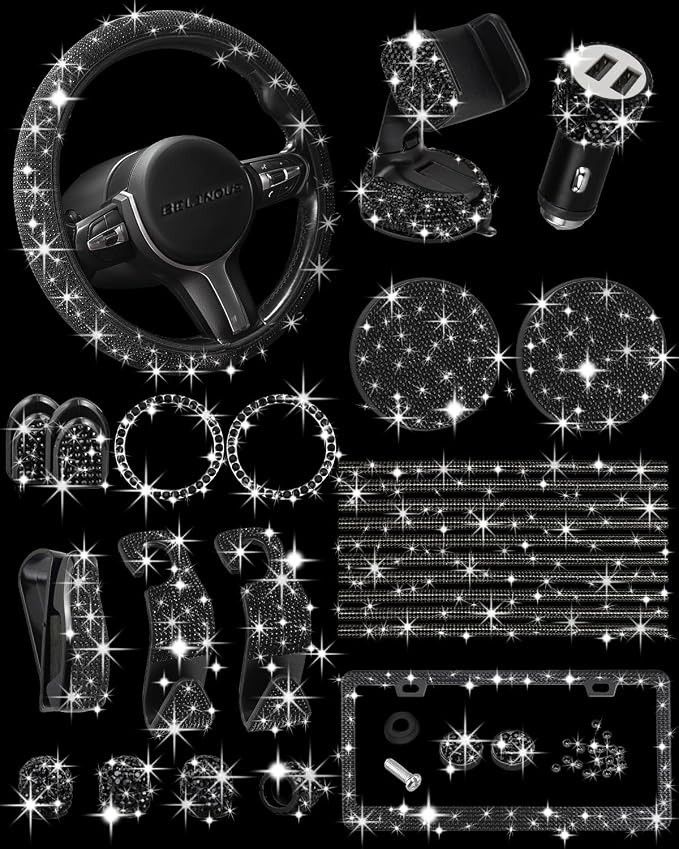 Belinous 27 PCs Bling Car Accessories for Women, Girl Car Accessories for Interior, Bling Steering Wheel Cover 14.5-15in, Bling License Plate Frame, Bling Phone Holder, Cup Coasters (Black Diamond)