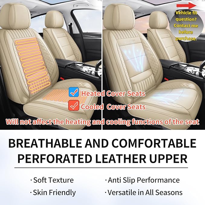 Car Seat Covers Full Set, Beige Leather Seat Covers, Breathable Front and Back Car Seat Protectors, Wear-Resistant Seat Covers Universal Fit for Most Cars SUV Truck (Beige-Stripes-A, Full Set)