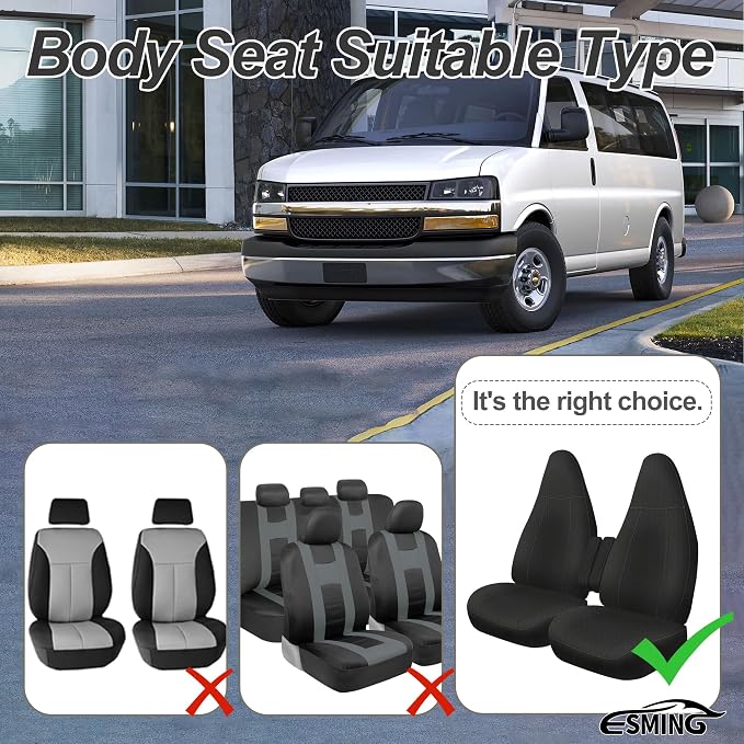 ESMING Front Heavy-Duty Oxford Fabric Seat Covers for Chevy Express 1996-2025 Front Bucket Seats Waterproof and Wear-Resistant, Easy to Install - Black