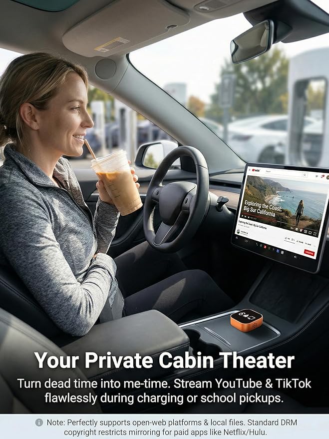 4-in-1 Wireless CarPlay & Android Auto Adapter – AirPlay & Miracast Media Hub – Seamless for Mixed Families – 5.8GHz Low-Latency & Auto-Connect – Factory Wired Cars Only (Sunset Orange)