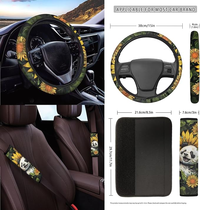 Panda Sunflower Print Car Accessories Set Car Seat Covers Seat Belt Strap Pad Steering Wheel Cover Air Vent Storage Bag Rear View Mirror Cover Trash Cans Coasters Keychain, 15 PCS