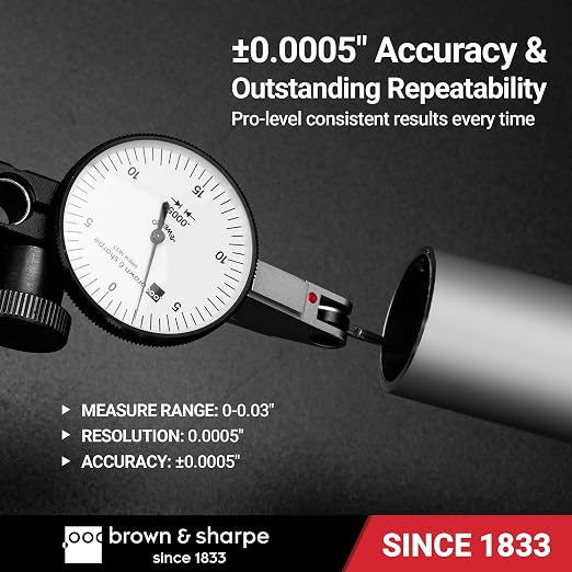 Brown & Sharpe Dial Test Indicator – 0.03" Range, 0.0005" Graduation, 6 Ruby Jewels, Satin Chrome Brass, 0-15-0 Dial, Professional DTI with Dovetail Clamp & Storage Case for Precision Measurement