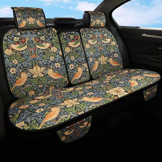 Luxury Boho Car Seat Covers Set,5-Seat Full Set with Headrest,William Morris Vintage Bohemian Floral Pattern Honeycomb Knit Fabric,Breathable&All-Season Universal Automotive Seat Protectors