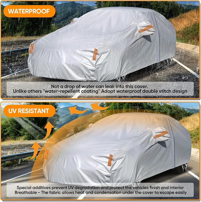 NEVERLAND Sedan Car Cover Waterproof Heavy Duty All Weather Protection Snow Anti-UV Windproof Outdoor Full Car Cover Fit for Automobiles BMW/Mercedes-Benz/Honda (185-196 inch)