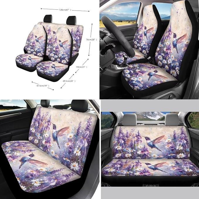 Suobstales Hummingbird Daisy Lavender Print Car Seat Covers Front Back Split Bench Protector for SUV Truck Van, 15 Inch Steering Wheel Covers, Seat Belt Covers, Coasters, Keychain for Women Men