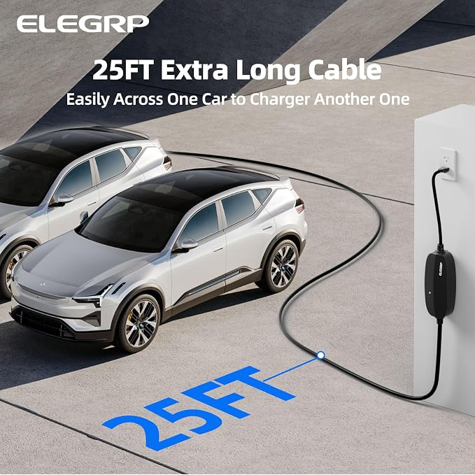 ELEGRP Level 1/2 EV Charger, 16 Amp, Portable J1772 Charger, 25FT Cable, NEMA 6-20 & 5-15 Adapter, Electric Car Charger 110V-240V for BEVs PHEVs, PBE & LRC Technology