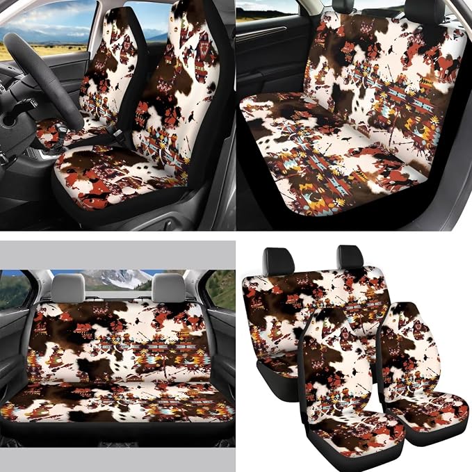 Set of 14 Car Seat Covers Full Set Southwestern Tribal Cow Car Seat Covers Brown Steering Wheel Cover Coasters Keychain Mirror Cover,Auto Interior Accessory Protector