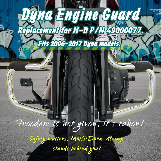 MoKitDora Dyna Engine Guard Highway Rail Mustache Crash Bar 1.25" Fat for Harley Dyna Street Bob FXDB Fat Bob FXDF Low Rider FXDL Wide Glide FXDWG FXDC 2006-2017, Chrome