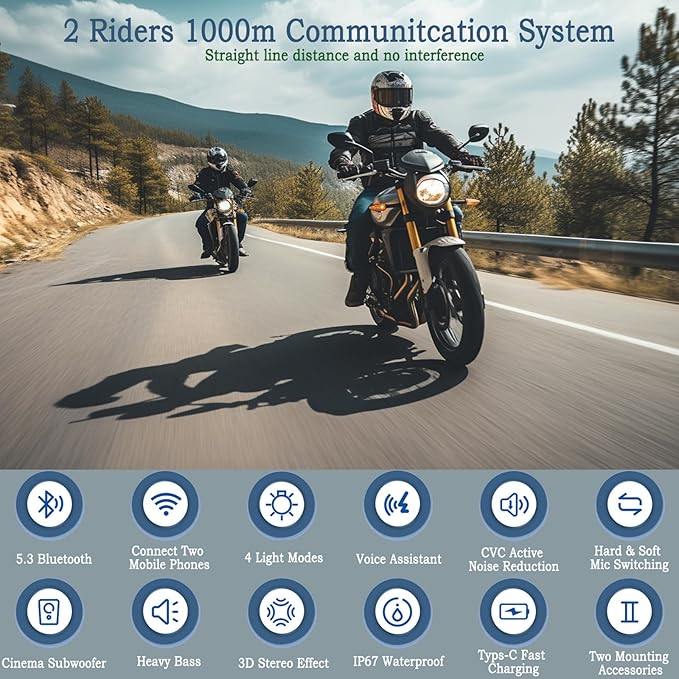 Motorcycle Helmet Bluetooth Headset with Stereo Sound, C50 2-Way 1000M Communication System Intercom Speakers with CVC Noise Cancellation, Music Call Control, IP67 Waterproof, 2 Pack