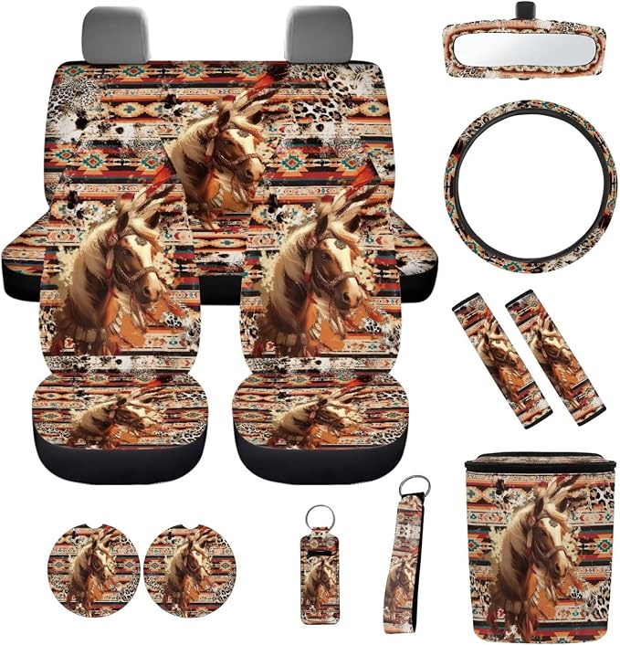 Car Seat Covers Set 12 Pack Retro Aztec Horse Steering Wheel Cover Auto Seat Belt Pad Cover Car Trash Can Rear View Mirror Cover Cup Coasters Keychain Holder Keychains