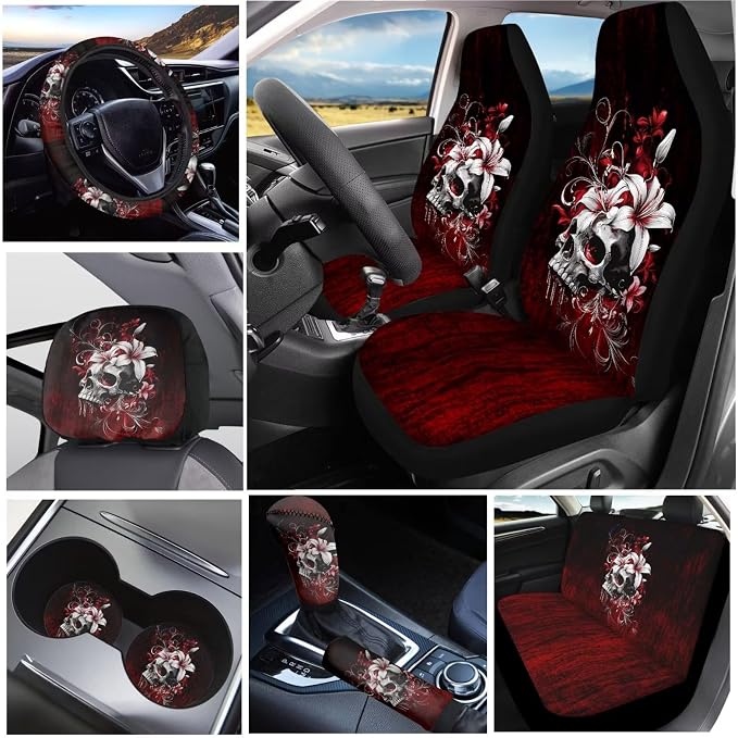KEIAHUAN Gothic Skull Flower 11 Pcs Car Seat Cover Full Set Includes Shift Knob Handbrake Cover Steering Wheel Armrest Cover Headrest Covers Cup Coasters for Women