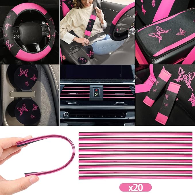 BBTO 47 Pcs Car Seat Full Set Car Accessories for Women 5 Front Rear Seat Covers Wrist Strap 2 Pieces Cup Mat Armrest Pad 2 Belt Cover Accessories for SUV(Pink Black)