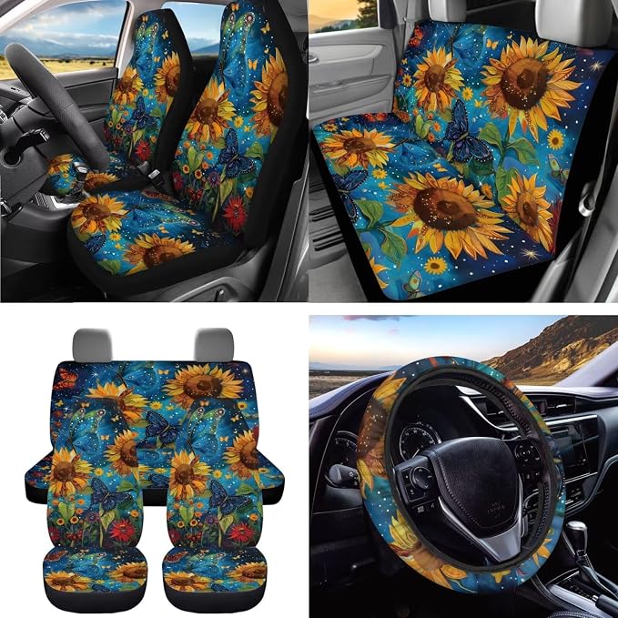 Dreaweet Starry Sky Sunflower Car Seat Covers Full Set for Women Universal Car Accessories - Steering Wheel Cover Seatbelt Covers Car Coasters Trash Bag Vent Storage Bag Rearview Mirror Cover Keychain