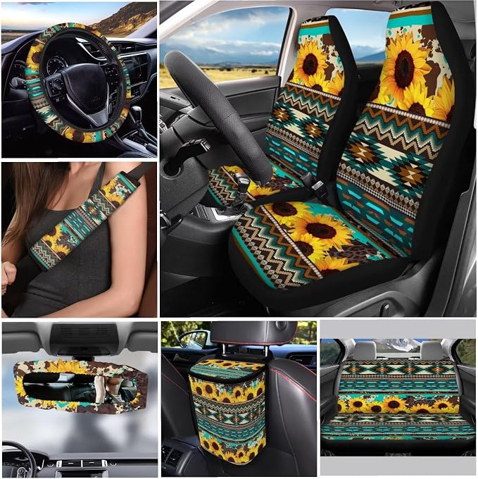 Aztec Sunflower Car Seat Cover Set - Universal Fit - Polyester, Neoprene - Car, Van, SUV - Seat Covers