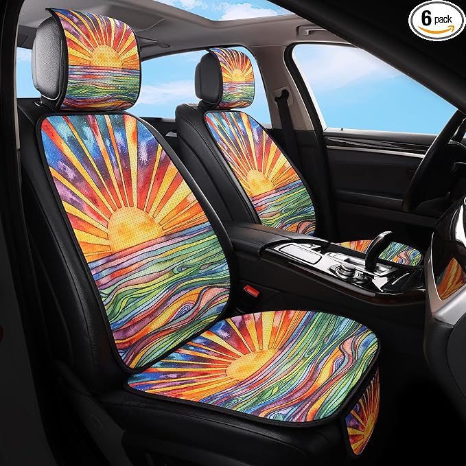 Car Seat Covers Set, 2 - Front Seat Full Set, Colorful Sunset Honeycomb Knit Fabric, Breathable & All - Season Universal Automotive Seat Protectors