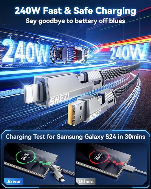 [One is Enough] 4-in-1 Compatible with USB C to Lightning Cable, 240W High-Speed Charging & Fast Data Transfer,CarPlay & Android Auto Support Multi Charger Cord Combo for iPhone/Samsung/iPad,3FT