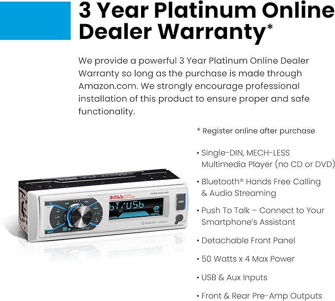 Boss Audio Systems MR632UAB Marine Receiver – Weatherproof, Bluetooth Audio and Hands-Free Calling, USB, MP3, AM/FM, Aux-in, No CD Player, RGB Multi-Color Illumination, Detachable Front Panel, white