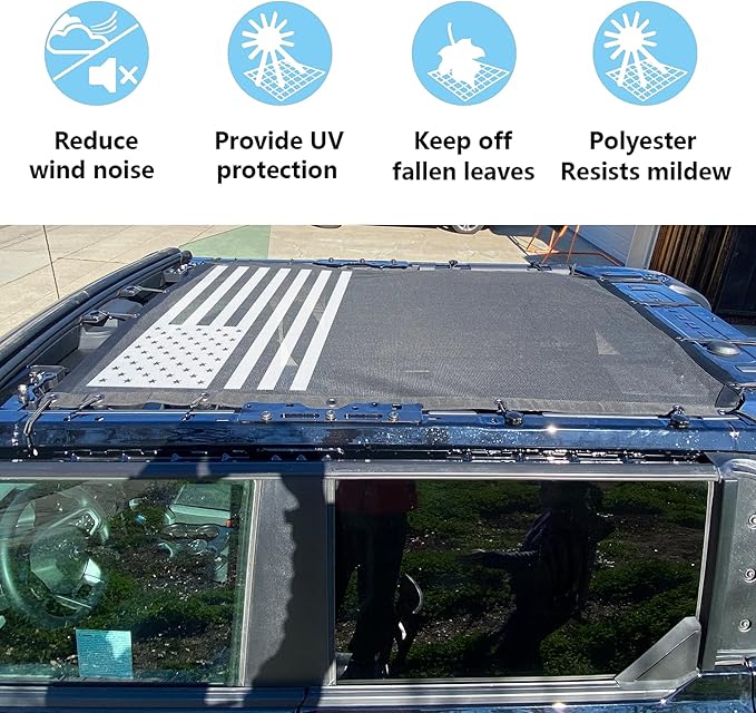 sukemichi Sunshade for Ford Bronco,Mesh Sun Shade Bikini Top Cover Bimini Top for Ford Bronco Accessories 2021 2022 2023 2024 2025 2026 4 Door - Blocks UV, Wind, Noise, (Flag)