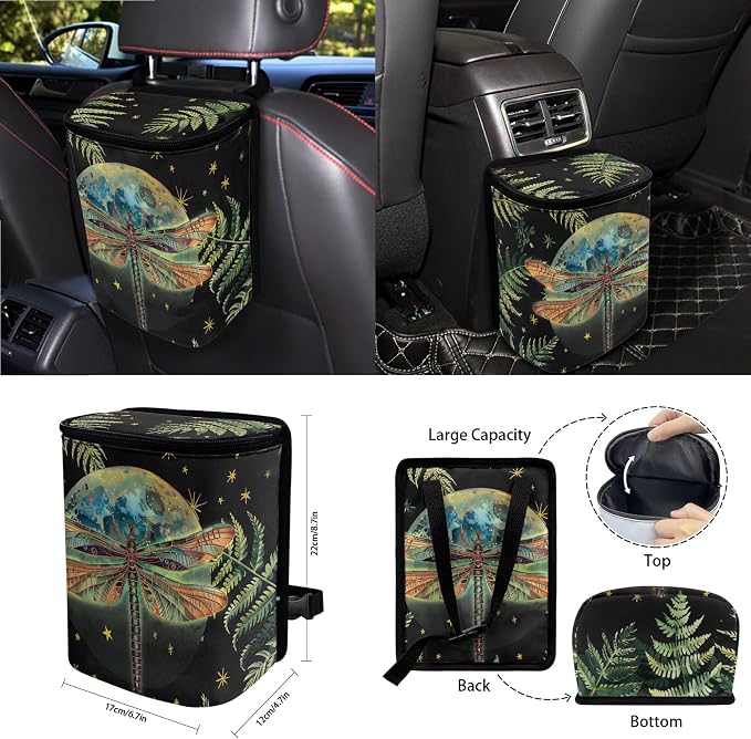 Moon Dragonfly Leaf Print Car Accessories Set Car Seat Covers Steering Wheel Cover Seatbelt Strap Pad Trash Cans Air Vent Storage Bag Coasters Rearview Mirror Cover Keychain 15 Pack