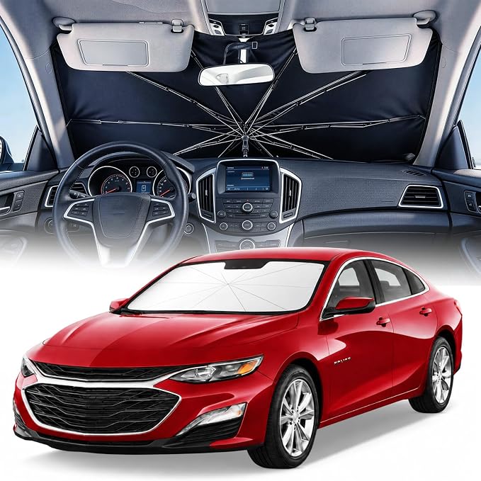 Weektic Custom Windshield Sun Shade Umbrella for Chevy Malibu 2014-2026, [Double Thickened Ice Crystal Coating] Sun & Heat Protection, Keep Vehicle Cool & Protect Interior