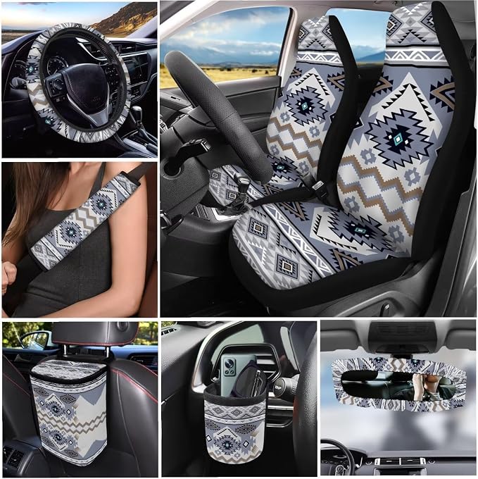 Dreaweet Tribal Navajo Car Seat Covers Full Set Grey Native American Steering Wheel Cover Seat Belt Pads Trash Bag Air Vent Storage Pouch Rea rview Mirror Cover Coaster Keychain,15 Pcs,Universal Fit