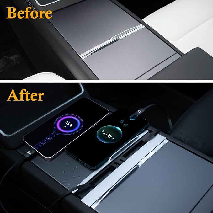 Car USB Hub Charger for Tesla Center Console with Fast Charging Retractable Cables Phone Charger Docking Station Accessories(Model Y Juniper 2025-2026 & Model 3 Highland 2024-2026)